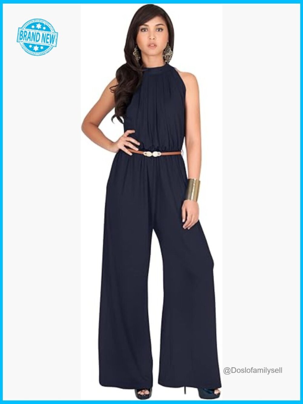 Sleeveless Wide Leg Jumpsuit Romper with Belt Halter Neck Sexy Cocktail Pantsuit